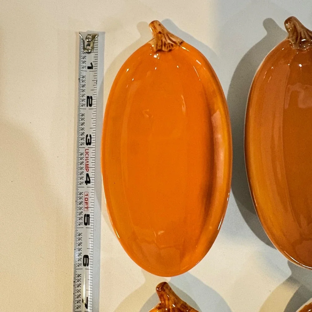 Set of 4 Orange Ceramic Pumpkin Appetizer Plates Fall Thanksgiving Harvest Decor